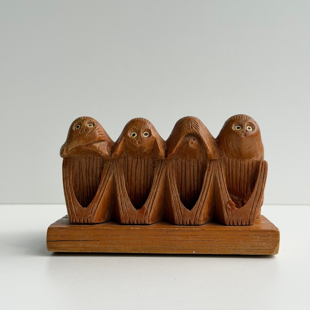 Vintage Hand Carved Wise Monkey Wood Figurine Speak Hear See No Evil Mid-Century